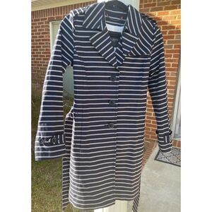 Talbots Trench Coat Women Size Petities Blue/White Striped Long Sleeves Outdoor